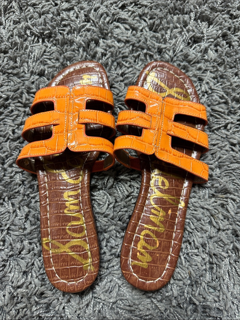 Sam Edelman Orange Croc-Embossed Slide Sandals with Brown Footbed